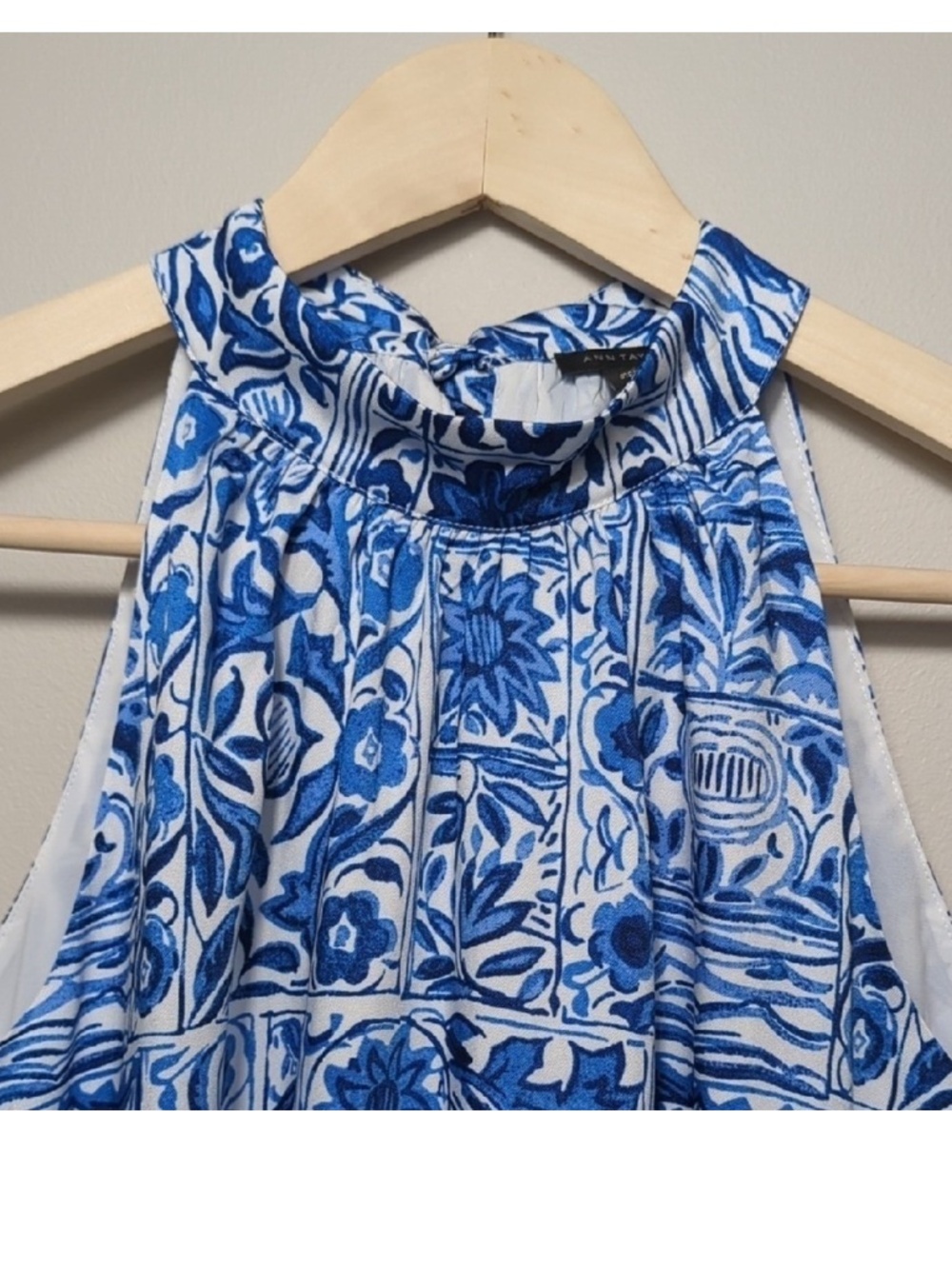 Ann Taylor petite halter maxi dress features blue and white floral print - Picture 5 of 10